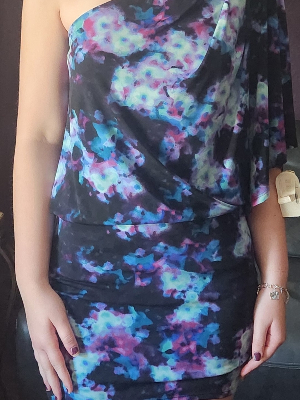 Jessica Simpson One-Shoulder Floral Print Bodycon Dress in Black, Blue & Purple
